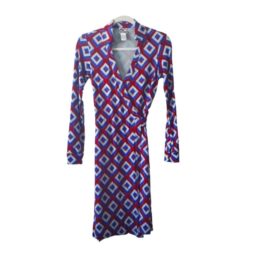 Diane Von Furstenburg Burgundy Blue Gray 100% Silk Jersey Wrap Dress Size: 2